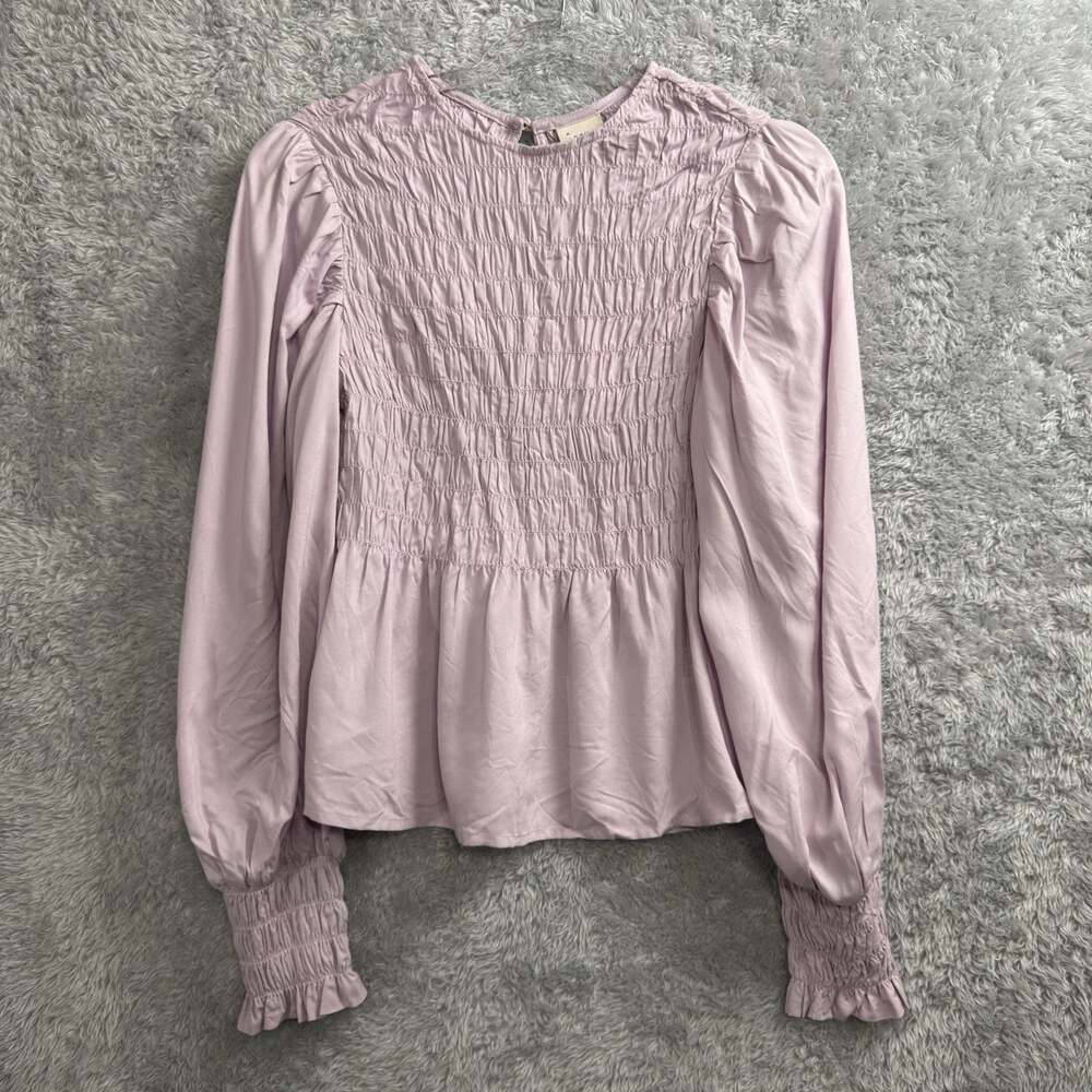 A New Day Smocked Peplum Blouse Long Puff Sleeves Women's Size XS Lavender